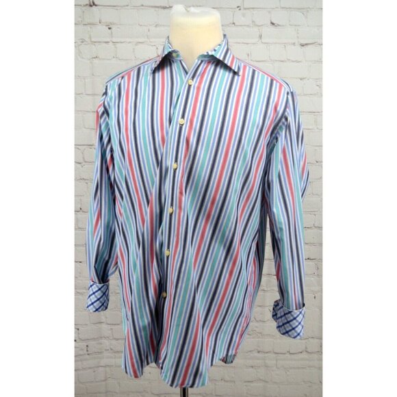 TAILORBYRD Men's Flip Cuff Button Front‎ Shirt SIZE LARGE Multi Color Striped - Picture 2 of 6